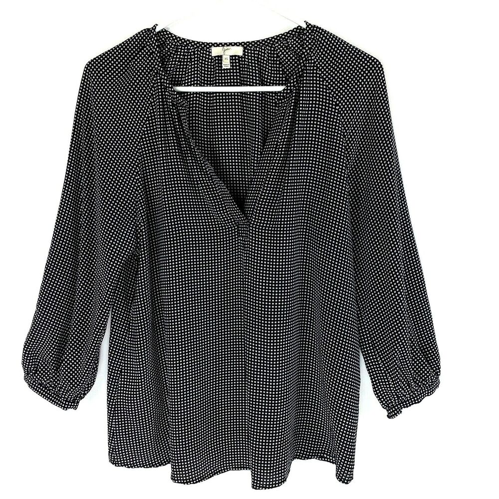 Joie Top Size XS 100%‎ Silk V-Neck Black White Long Sleeve Blouse Pullover